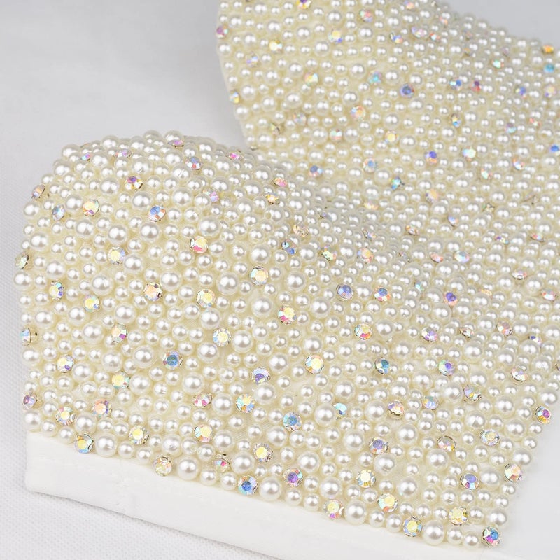 ELLACCI Sexy Pearls Beaded Rhinestone Bustier Crop Top Push up Corset Top with Detachable Straps White Large - Image 4